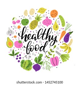 Healthy food lettering in hand drawn frame. Fruits and vegetables flat hand drawn design isolated on white background. Vector organic food set for your design. 