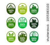 
Healthy food and healthy life icons set. 100% Bio, Organic, Vegetal, Vegetarian, Natural, Free Range, Vegan, Hand Made, Eco