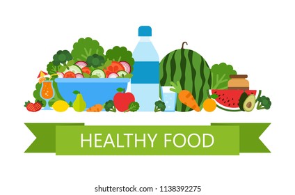 Healthy food. Healthy lifestyle. Vegan menu for restaurant and cafe. Vegan table. Organic shop concept. Organic products set. Vector illustration.
