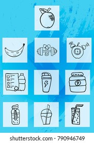 healthy food and lifestyle,products to keep  body in good shape,vector image,set of hand-drawn icons