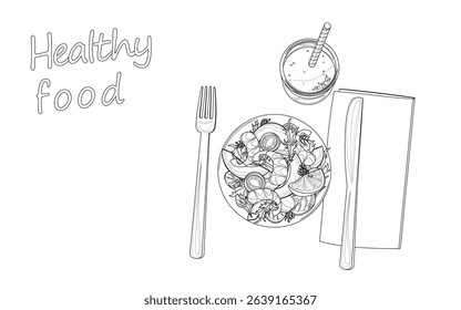 Healthy food line art composition. Nutritious meal graphic design illustration. Diet restaurant nutrition wellness advertisement. Minimalist outline white background vector