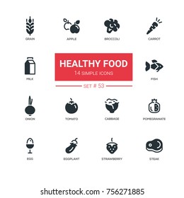 Healthy food - line design icons set. Perfect for your menu. Vegetables - broccoli, carrot. Apple, milk, fish, onion, tomato, pomegranate, cabbage, egg, eggplant, strawberry, steak, grain