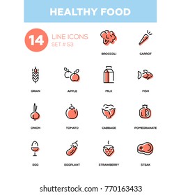 Healthy food - line design icons set. Perfect for your menu. Vegetables - broccoli, carrot. Apple, milk, fish, onion, tomato, pomegranate, cabbage, egg, eggplant, strawberry, steak, grain