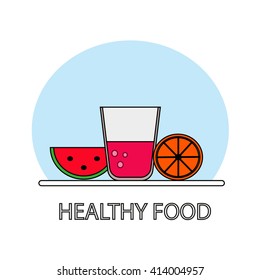 Healthy food line flat icon, watermelon,orange,glass of juice