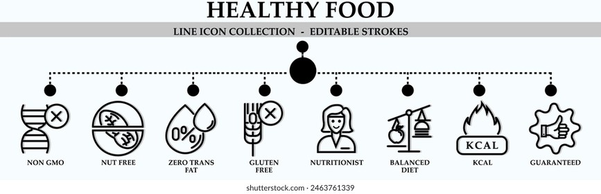 Healthy food line icon collection. Containing icons of non gmo, zero trans fat, nutritionist, gluten free, balanced diet and more. Linear icon collection. Editable stroke. Vector illustration