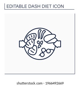 Healthy food line icon. Steaks with goulash sauce, sweet potatoes fries and vegetables on plate. Balanced nutrition. Small portion. Dash diet concept. Isolated vector illustration.Editable stroke