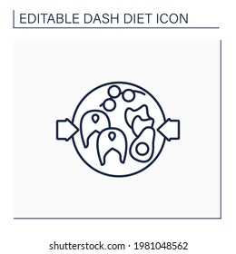 Healthy food line icon. Tuna lettuce wraps with vegetables. Avocado, cherry tomatoes on plate. Balanced nutrition. Small portion.Dash diet concept. Isolated vector illustration.Editable stroke