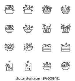 Healthy food line icons set, outline vector symbol collection, linear style pictogram pack. Signs, logo illustration. Set includes icons as cooking fish soup, vegetable crate box, tomato basket