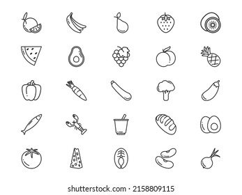 Healthy food line icons set. Fruits and vegetables.