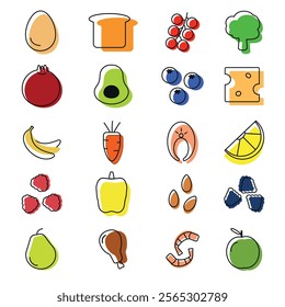 Healthy food line icons. A set of meals icon in color. For superfood, diet, clean eating