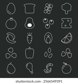 Healthy food line icons. A set of meals icon in black on white background. For superfood, diet, clean eating. Vector illustration