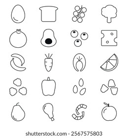 Healthy food line icons. A set of meals icon in black on white background. For superfood, diet, clean eating