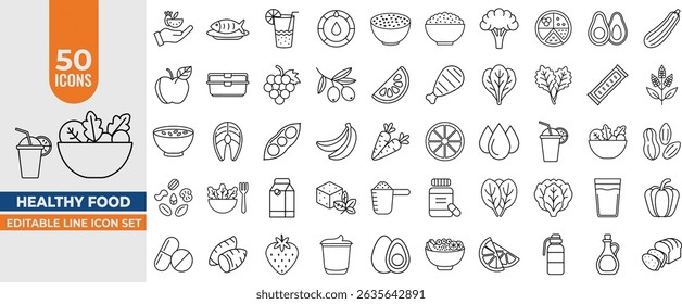 Healthy Food Line Icons Set – Editable Vector Nutrition Symbols of Fruits, Vegetables, Fish, Protein, Vitamins and Water