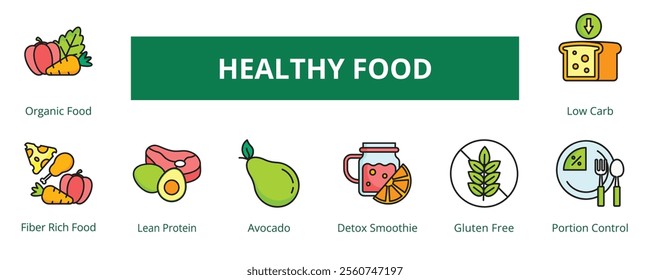 Healthy Food Lineal Color Banner Web Icon Set Vector Illustration