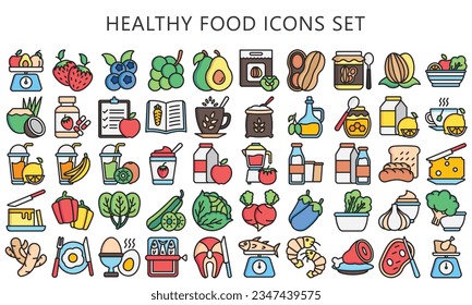 Healthy food lineal multi color icons pack, contain fruit, vegetable, food, meal, salmon, meat, milk and more. use for modern concept, UI or UX kit, web and app. vector EPS 10 ready convert to SVG. svg
