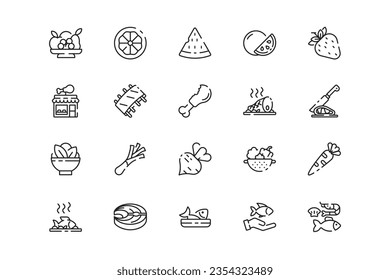 Healthy Food lines icon set. Healthy Food genres and attributes. Linear design. Lines with editable stroke. Isolated vector icons.