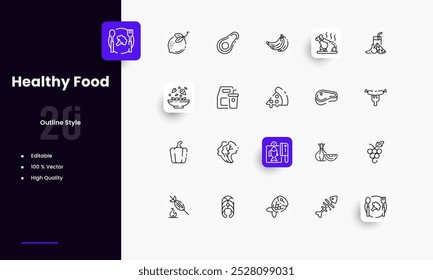 Healthy Food lines icon set. Healthy Food genres and attributes. Linear design. Lines with editable stroke. Isolated vector icons.