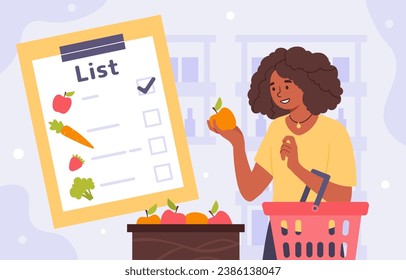 Healthy food list concept. Woman with list of apple, tomato and carrot. Girl with natural and organic products. Nutrition and vegetarian diet, weight loss. Cartoon flat vector illustration