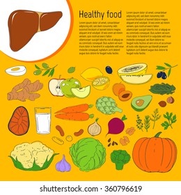 Healthy food. Liver.  Vegetables and fruits. Vegetarian products. Hand drawn vector background. Diet.