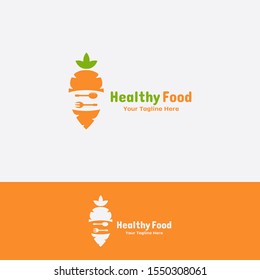 Healthy food logo. amazing vegan carrot logo concept design.  Vegetarian vector symbol in the form of kitchen utensils. Vegan food sign.