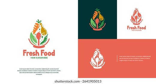 Healthy food logo with an arrangement of various vegetables and meat, restaurant menu, vector graphic template.