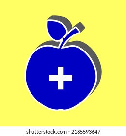 Healthy food logo. Blue Icon with white stroke in 3d at yellow Background. Illustration.