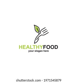 healthy food logo concept, with a fork and leaf symbol. Representation of healthy food or food with organic ingredients