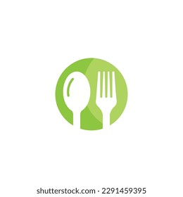 Logo de Healthy Food. logotipo de concepto, con el símbolo de cuchara, tenedor y hoja. Puede ser para restaurantes, productos alimenticios saludables, logotipos de sitios web para consultores de alimentos