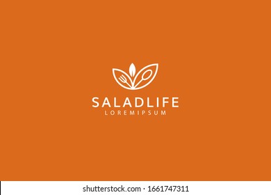 healthy food logo.  cutlery and leaf, vegetarian food, fresh green salad food logo vector brand line art icon template