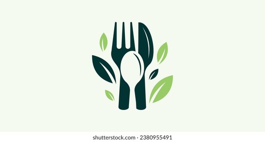 Healthy food logo design with a combination of cutlery and herbal leaves.