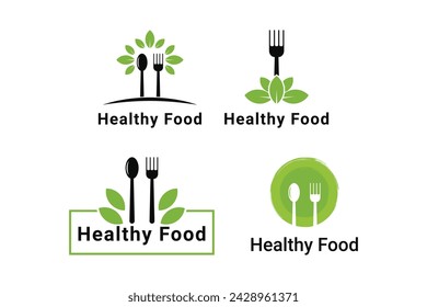 Healthy food logo design concept with spoon and fork with leaf green set collection
