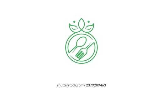 Healthy Food Logo Design. Crown Leaf and Spoon Fork Plate Vector Illustration.