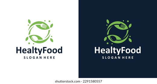 Healthy Food logo design with cutlery and leaf design graphic vector illustration. Symbol, icon, creative.