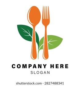 Healthy food logo design featuring spoon fork and green leaves symbol restaurant catering branding
