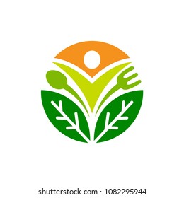 Healthy Food Logo Design, Fresh Food Logo, Diet Logo, Leaf + People + Spoon And Fork In Circle Shape, Logo Template Ready For Use