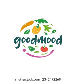 Healthy food logo design, Good mood fresh food vector, vegetables elements