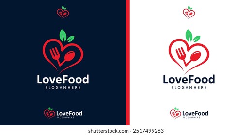 Healthy food logo design icon. Abstract heart with fork spoon logo symbol design template