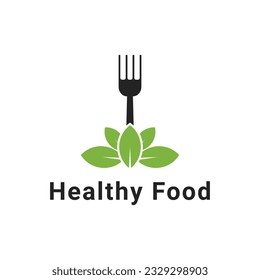 Healthy food logo design idea with fork and leaf