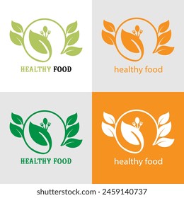 Healthy Food Logo design. Set of Healthy Food Logo Fork  Leaves Decoration Vector Icon