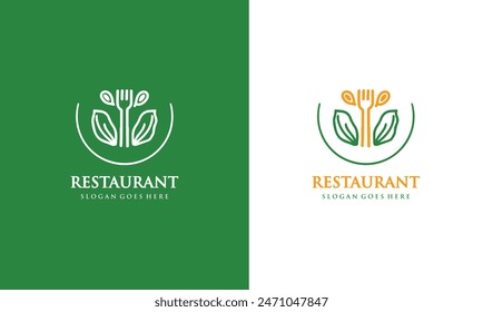 healthy food logo design with spoon and leaf elements