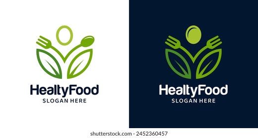 Plantilla de diseño de logotipo de alimentos saludables. Tenedor de cuchara con hojas naturales para Ilustración vectorial gráfica de diseño de logotipo de alimentos orgánicos. Símbolo, icono, creativo.