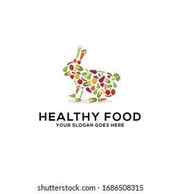 Healthy food logo design vector, fresh fruits and vegetables drawing rabbit abstract illustration