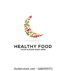 Healthy Food Logo Design Vector, Fresh Fruits And Vegetables Drawing Crescent Moon Abstract Illustration