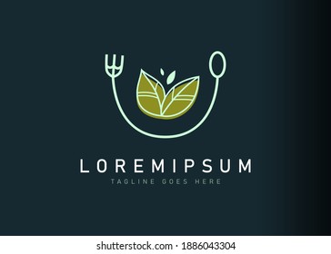 Healthy food logo design. Vector illustration of nature vegan food with fork and spoon shaped bowl. Vintage logo design vector line icon template