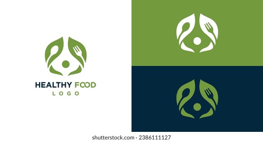 Healthy Food Logo Designs. People Spoon Fork Leaf Designs Icon Symbol Vector Illustration For Restaurant.