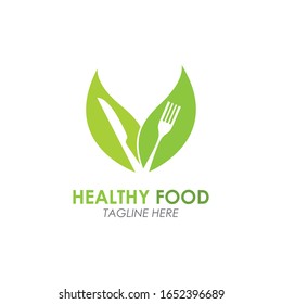  Healthy Food Logo Fork With Green Leaves Decoration Vector Icon