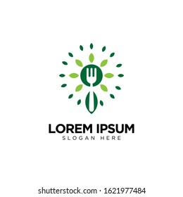 Healthy Food Logo with Fork and Leaf, Restaurant Logo Design Template