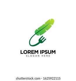 Healthy Food Logo with Fork and Leaf, Restaurant Logo Design Template