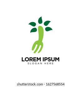 Healthy Food Logo with Fork and Leaf, Restaurant Logo Design Template