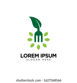 Healthy Food Logo with Fork and Leaf, Restaurant Logo Design Template